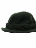 Vintage 80s Bohemian Dark Forest Green Fuzzy Angora Fitted Brimmed Fedora Hat with Tie Detail