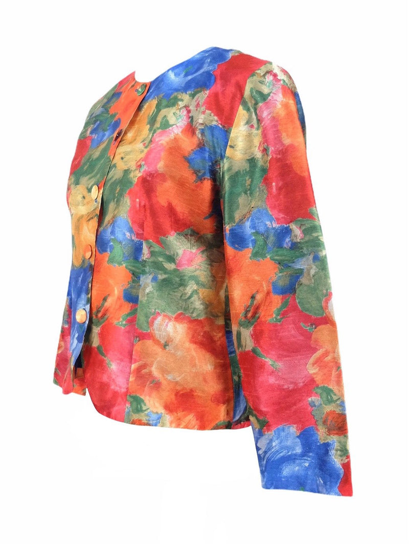 Vintage 80s Floral Silky Bright Psychedelic Mod Multicoloured High Scoop Neck Button Down Light Blazer Jacket with Back Waist Tie