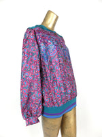 80s Psychedelic Paisley Abstract Long Sleeve Button Up Blouse with Elasticated Waist