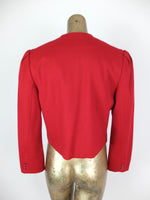 80s Mod Style Red Wool Structured Boxy Button Down Puff Sleeve Blazer Jacket with Padded Shoulders