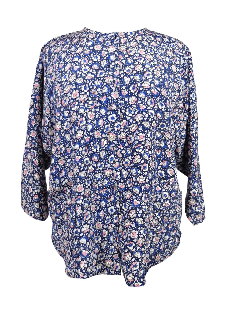 Vintage 70s Mod Blue and Pink Floral Button Down Kimono Style Scoop Neck 3/4 Sleeve Blouse