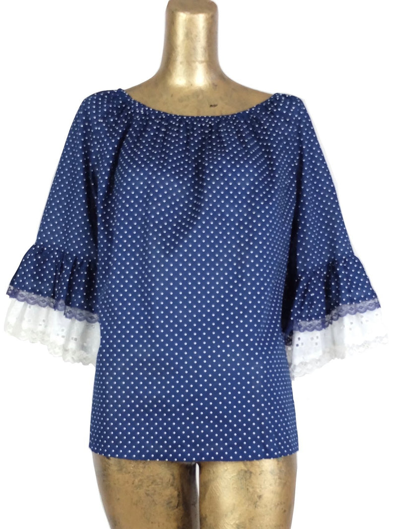 70s Milkmaid Hippie Style Ruffled Polka Dot 3/4 Lace Sleeve Scoop Neck Blouse