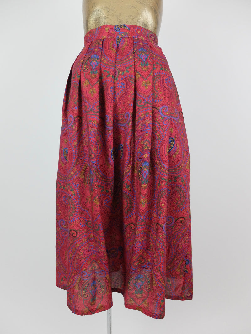 80s High Waisted Paisley Patterned Pleated Midi Skirt