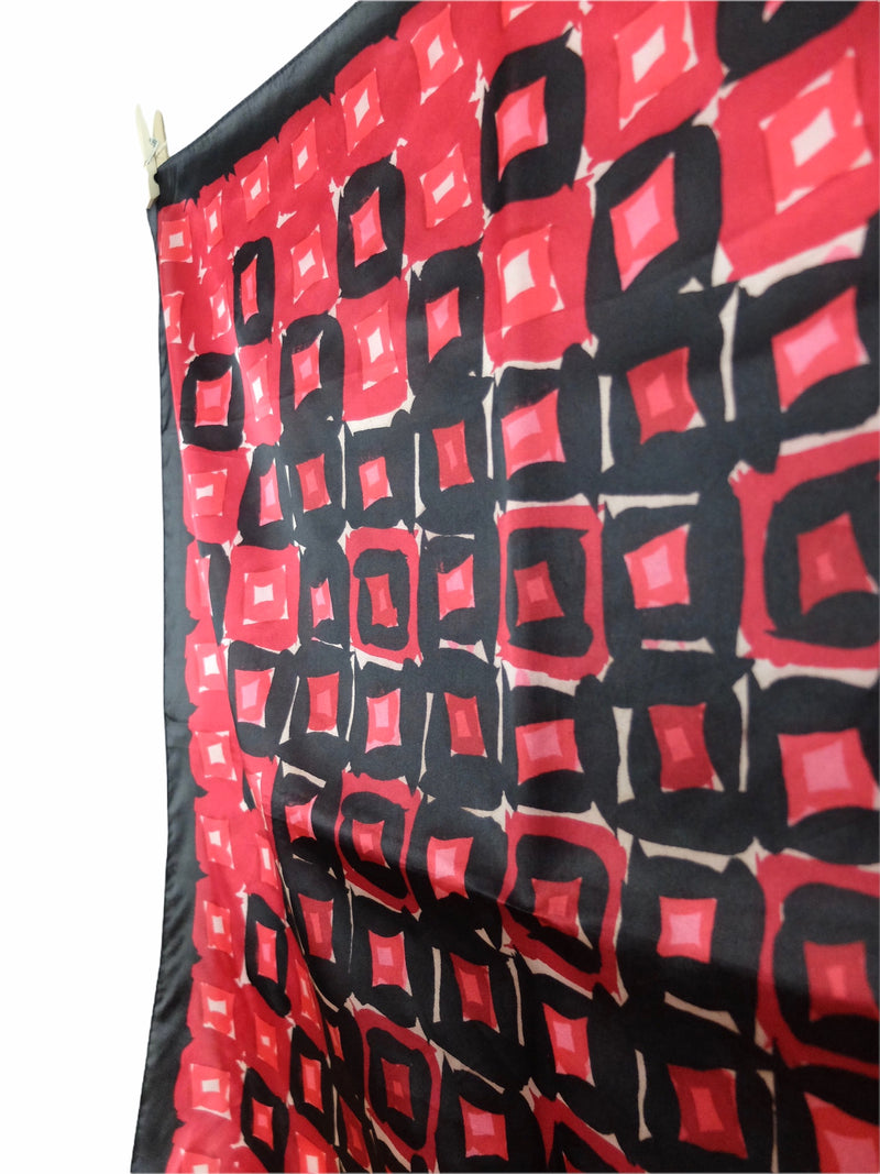 Vintage 80s Red & Black Psychedelic Abstract Patterned Silky Satin Square Bandana Neck Tie Scarf