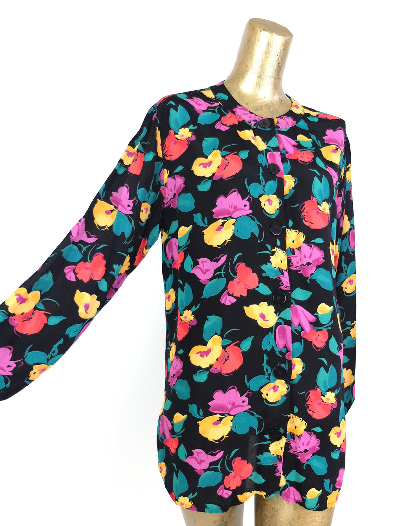 80s Floral Abstract Long Sleeve Button Up Blouse