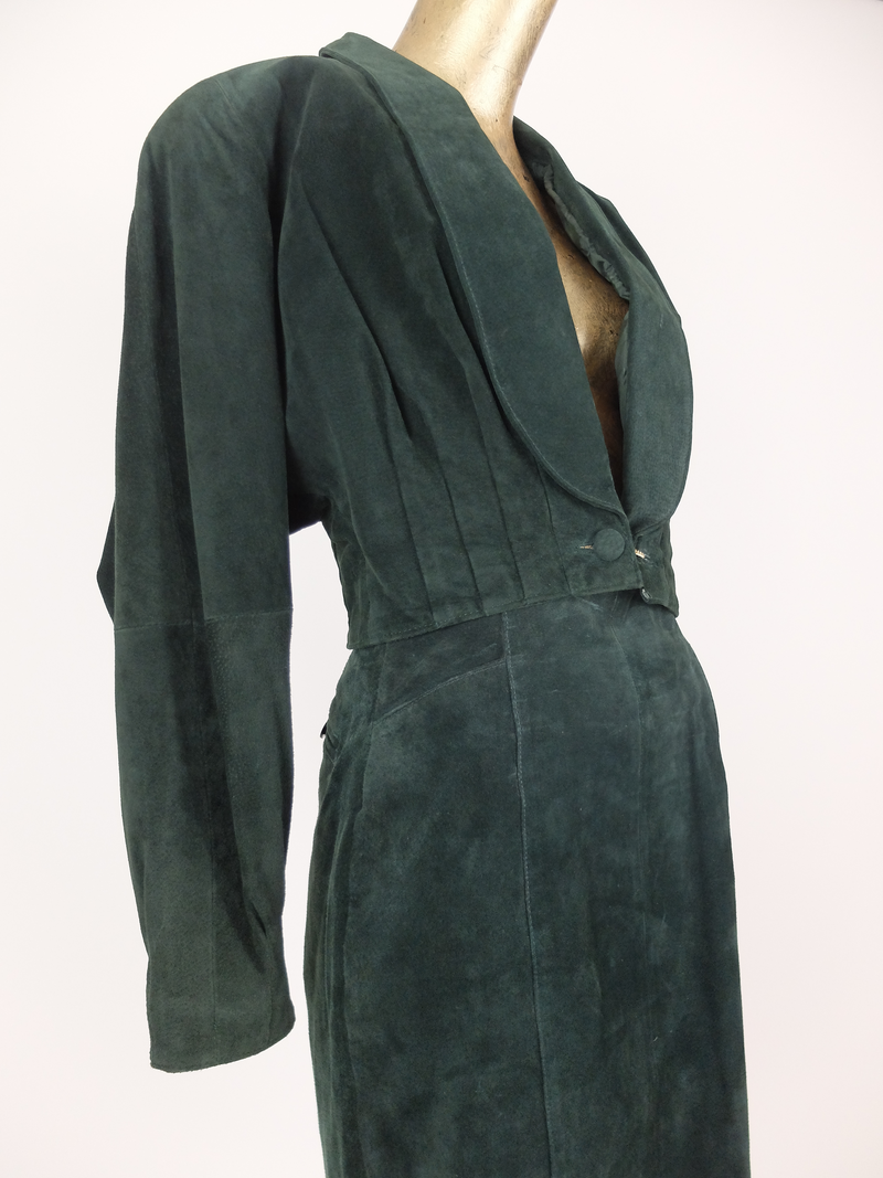 80s Wilsons Forest Green Suede Leather Cropped Structured Boxy Blazer Jacket