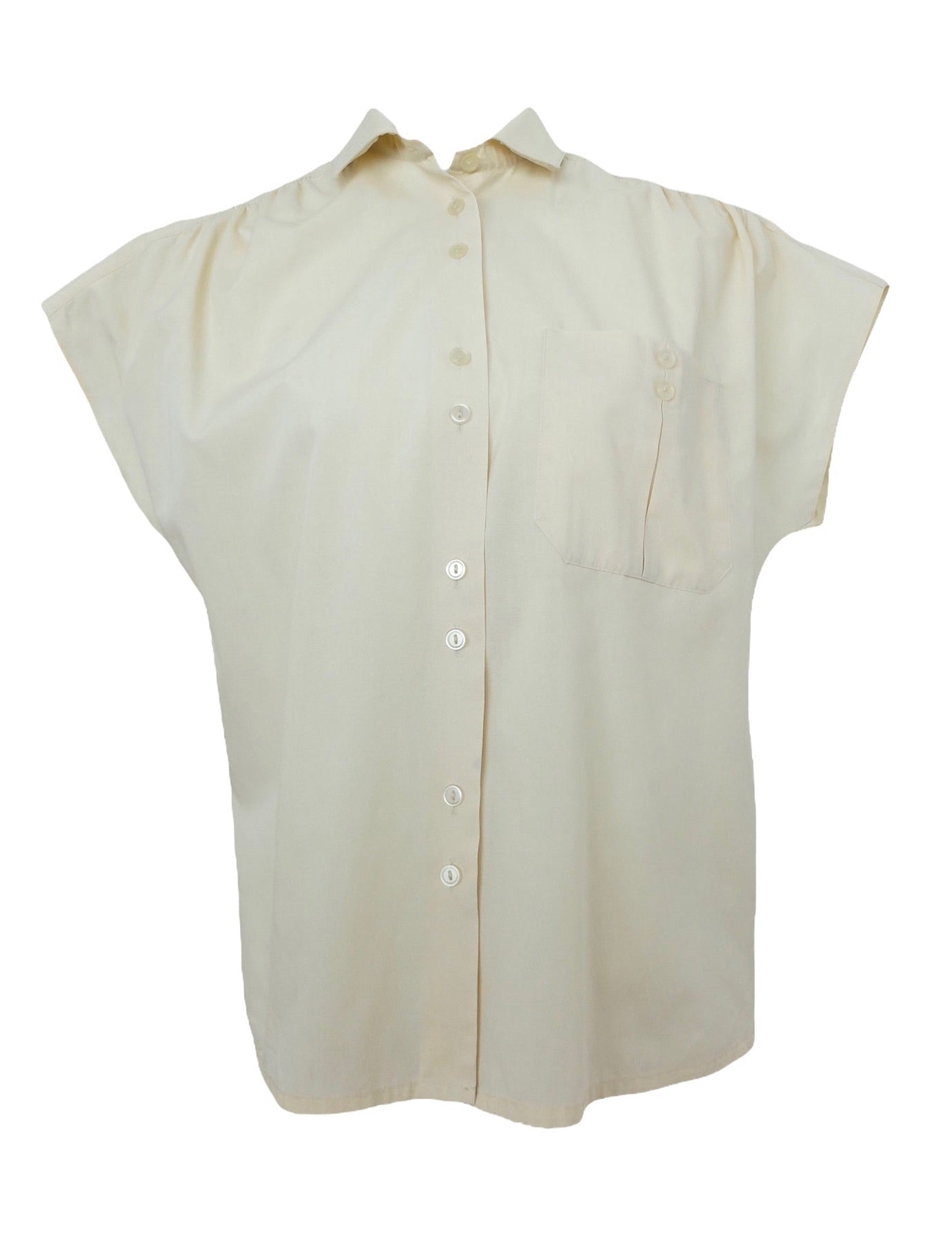 Vintage 80s Mod Cottagecore Prairie Hippie Pastel Cream Basic Solid Collared Boxy Short Sleeve Button Up Blouse | Women’s Size S