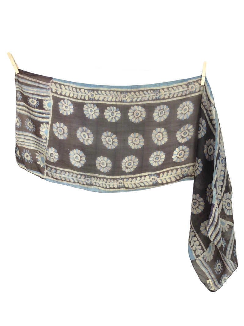 Vintage 70s Silk Batik Mod Bohemian Hippie Brown & Blue Floral Long Wide Neck Tie Scarf
