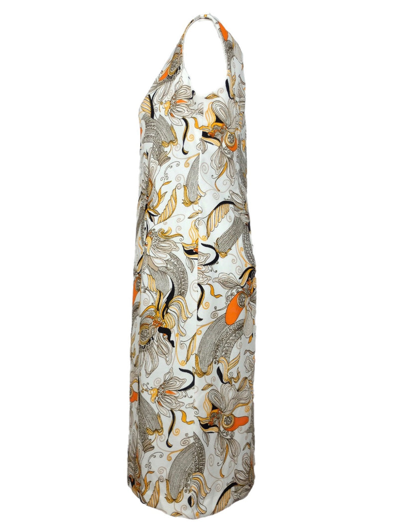 Vintage 60s Mod Psychedelic Hippie Abstract Patterned White Brown & Orange High Neck Sleeveless Tank Midi Shift Dress | Size L