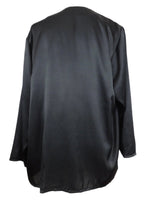 Vintage 80s Party Formal Silky Satin Black Solid Basic Flowy Ruffled Long Sleeve V-Neck Blouse | Size XL