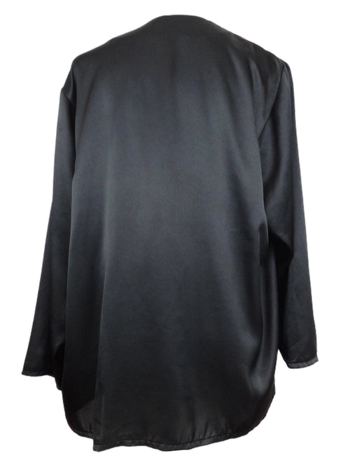 Vintage 80s Party Formal Silky Satin Black Solid Basic Flowy Ruffled Long Sleeve V-Neck Blouse | Size XL