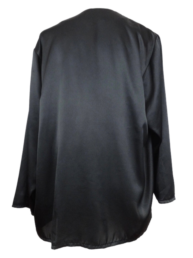 Vintage 80s Party Formal Silky Satin Black Solid Basic Flowy Ruffled Long Sleeve V-Neck Blouse | Size XL