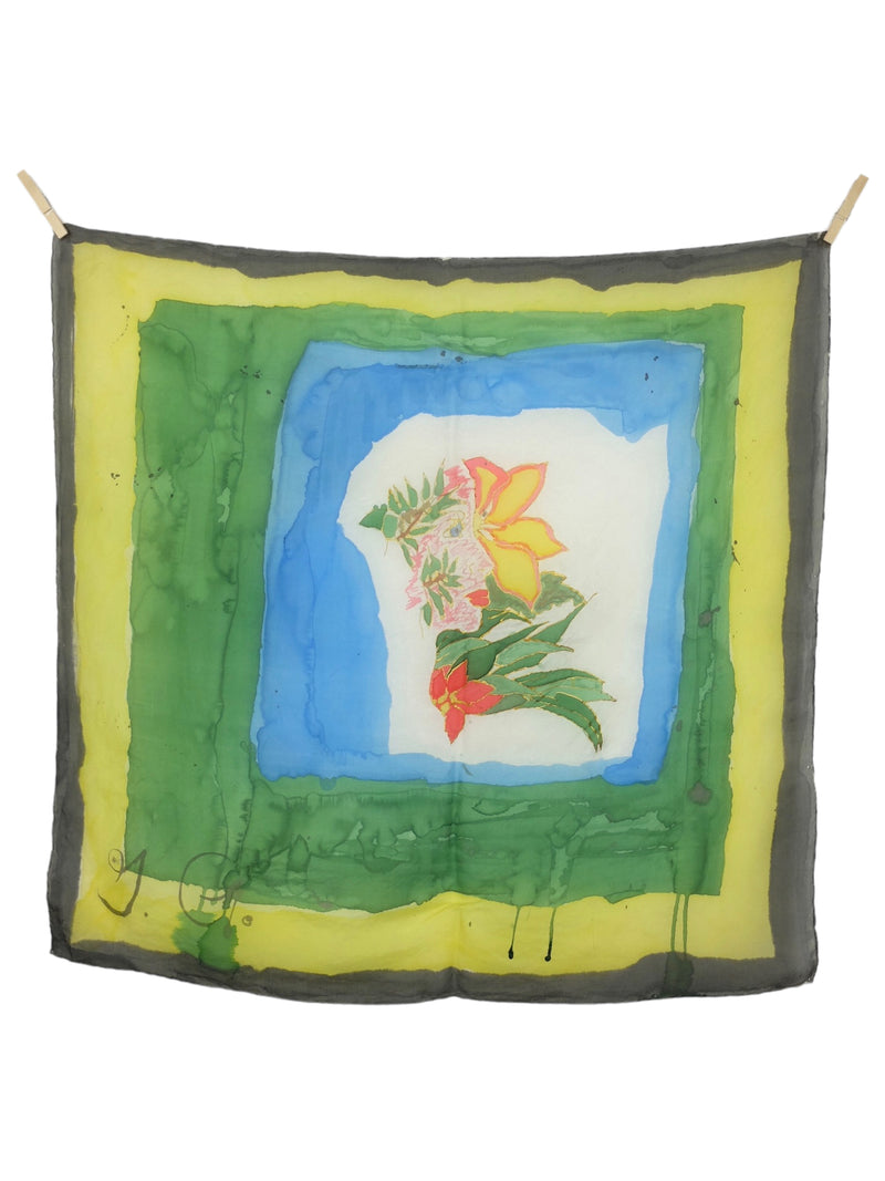 Vintage 80s Tropical Silk Hand-Painted Blue Green & Yellow Abstract Floral Face Square Bandana Neck Tie Scarf with Hand-Rolled Hem