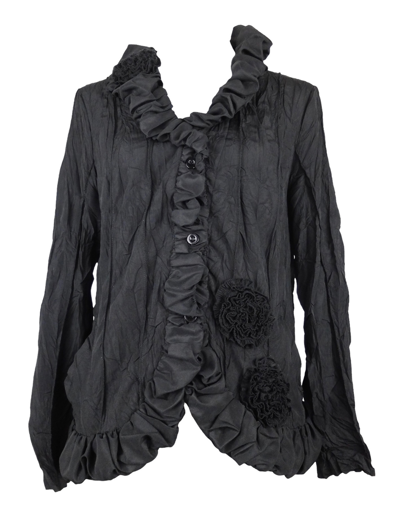 Vintage 2000s Y2K Soft Grunge Goth Black Ruffled Collared Long Sleeve Button Down Blouse with Floral Detail | Size L