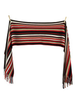 Vintage 00s Y2K Striped Funky Colourblocked Red Green Black Cream & White Long Wide Wrap Blanket Scarf with Fringe