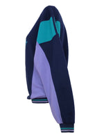 Vintage 90s Athletic Streetwear Utility Navy Blue Purple & Teal Adidas Trademark High Crew Neck Pullover Cotton Sweatshirt  | Men’s Size XS | Women’s Size S