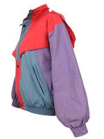 Vintage 80s Decathalon Funky Colourblocked Puffer Padded Windbreaker Zip & Snap Button Up Jacket with Roll-Up Hood | Size S