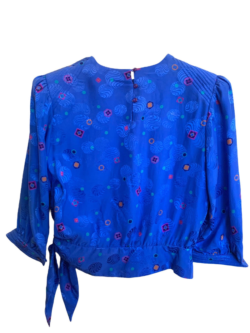 Vintage 70s Silk Mod Bohemian Hippie Chic Psychedelic Bright Blue Geometric Patterned 3/4 Sleeve Blouse with Side Waist Tie | Size S