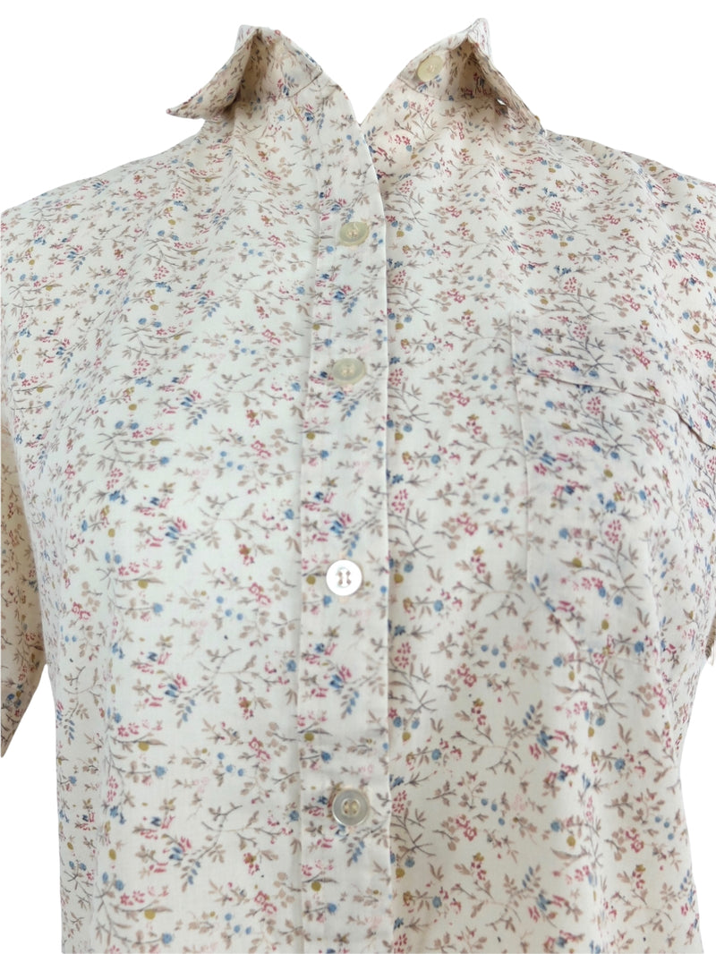 Vintage 70s Mod Bohemian Romantic Prairie Floral Collared Short Sleeve Button Up Shirt | Size S