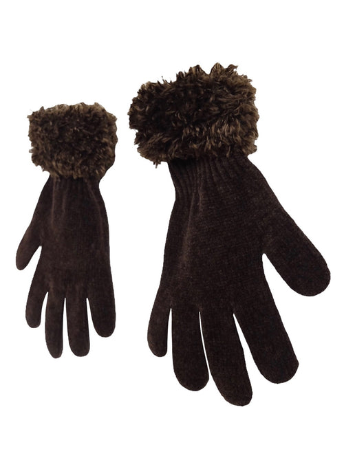 Vintage 90s Y2K Chic Bohemian Preppy Brown Velour Velvet Gloves with Fuzzy Trim
