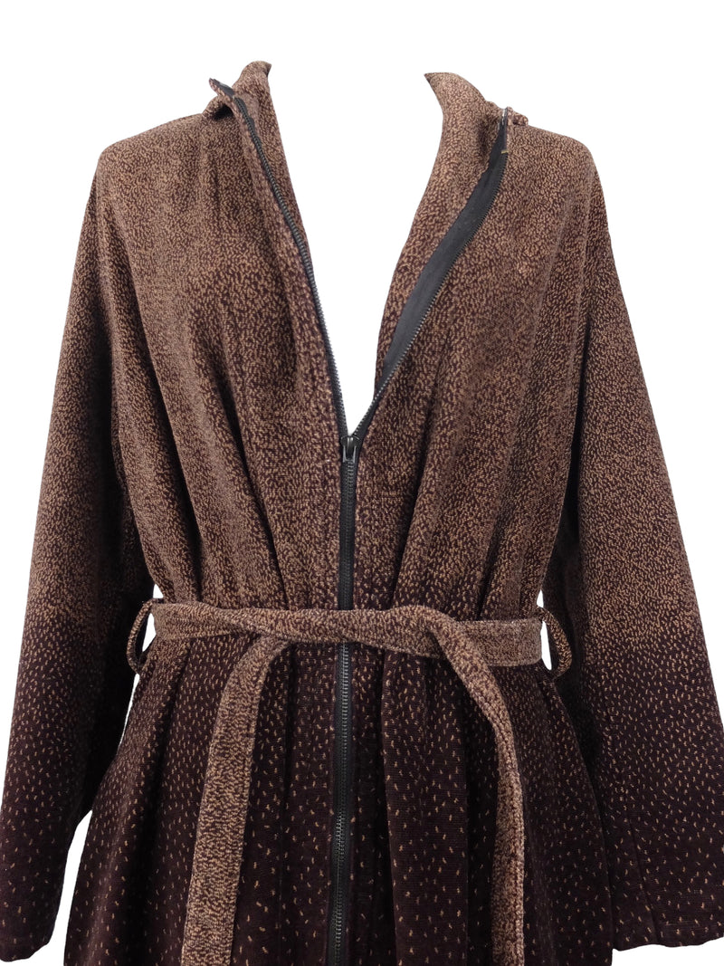 Vintage 70s Mod Hippie Bohemian Brown Velour Terry Cloth Zip Down Long Maxi Floor Length Winter Dressing Gown Robe | Size L