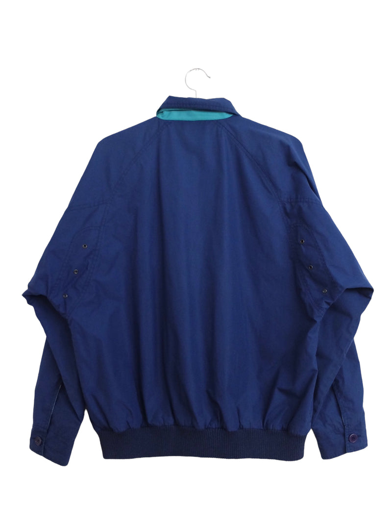Vintage 80s Streetwear Utility Athletic Bohemian Dark Blue Collared Windbreaker Button Up Jacket | Men’s Size S-M | Women’s Size M-L