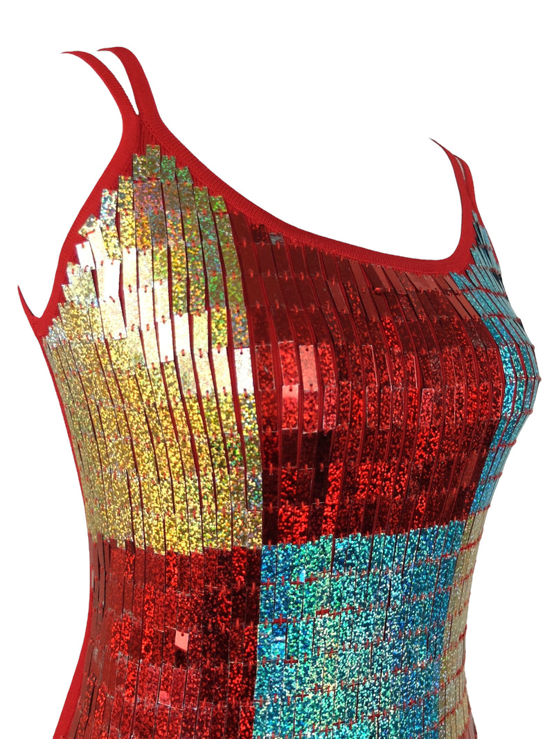 Vintage 2000s Y2K Party Sequin Sparkle Geometric Colourblocked Strappy Double Strap Tank Top Blouse | Size S