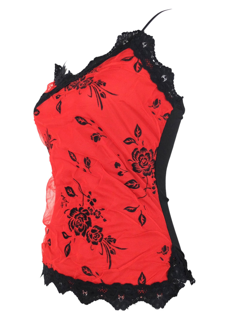 Vintage 90s Y2K Soft Grunge Romantic Red & Black Floral Lace Trim Chiffon Strappy Camisole Tank Top Blouse | Size S