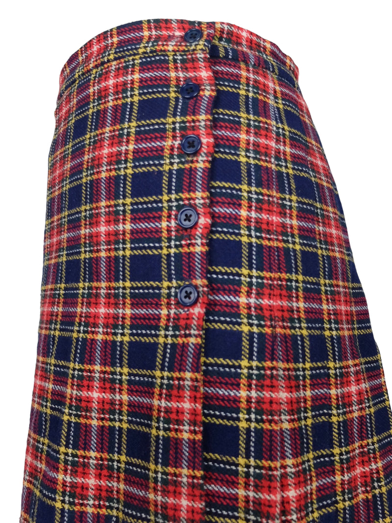Vintage 70s Mod Tartan Plaid Check Print A-Line Pleated Midi Wrap Skirt | 26 Inch Waist