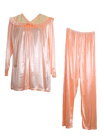 Vintage 80s Mod Hippie Victorian Style Silky Satin Look Pastel Pink Pajama Loungewear Two Piece Set with Long Sleeve Boat Collared Lace Blouse & Elasticated Waist Pants | Size XL-XXL