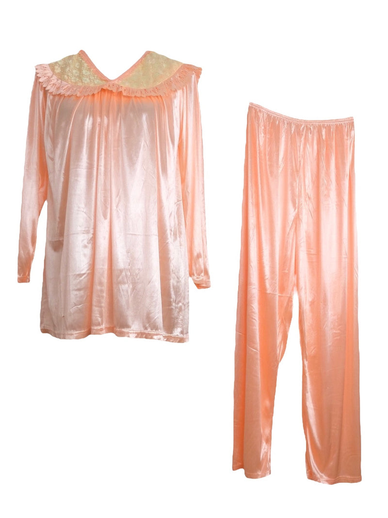 Vintage 80s Mod Hippie Victorian Style Silky Satin Look Pastel Pink Pajama Loungewear Two Piece Set with Long Sleeve Boat Collared Lace Blouse & Elasticated Waist Pants | Size XL-XXL