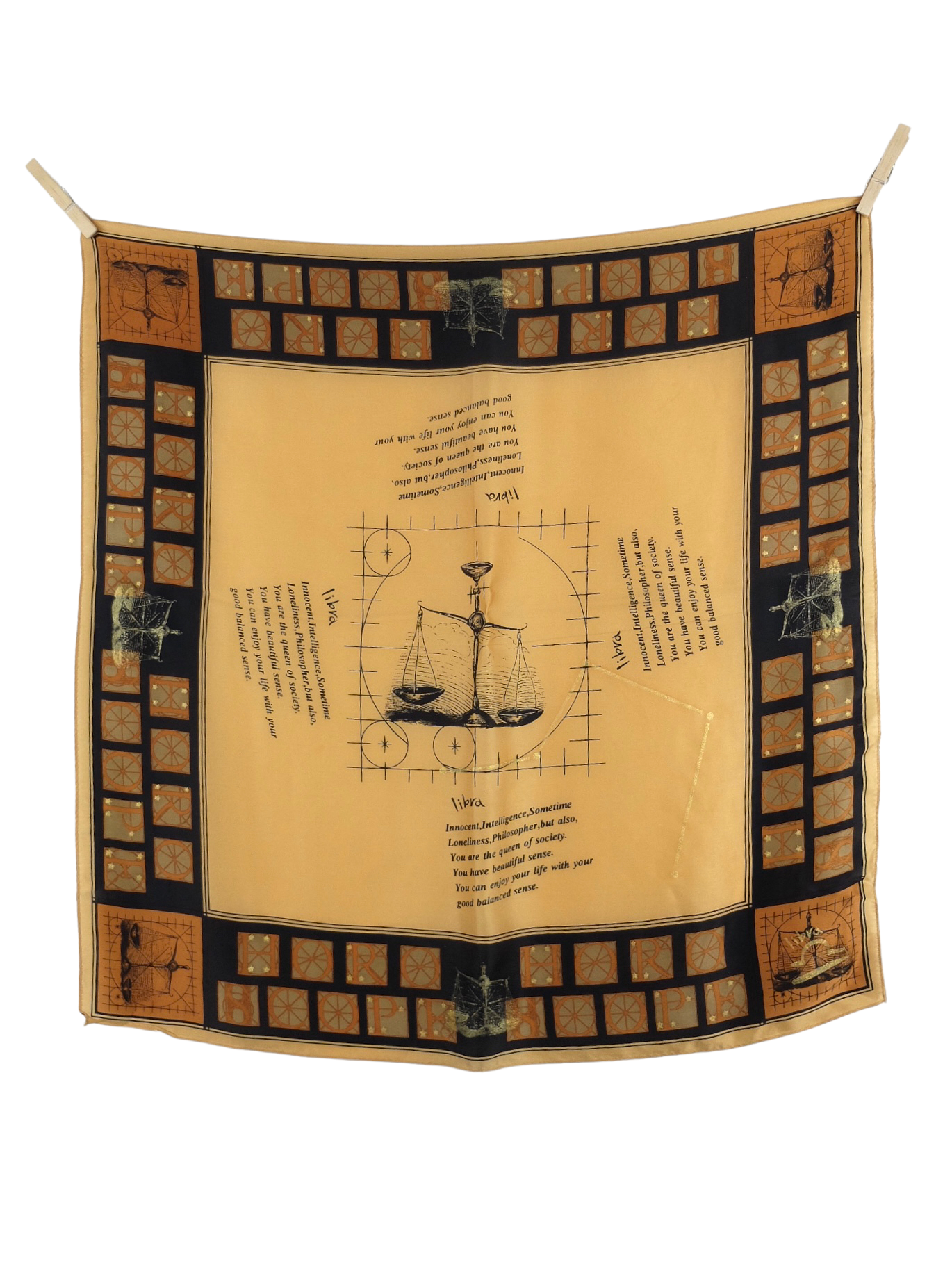 Vintage 90s Silk Celestial Astrology Libra Philosophy Abstract Square Bandana Neck Tie Scarf