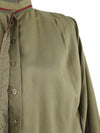 Vintage 50s Military Style Khaki Green Button Up High Mockneck Long Sleeve Shirt with Ruched Shoulders | Size S-M