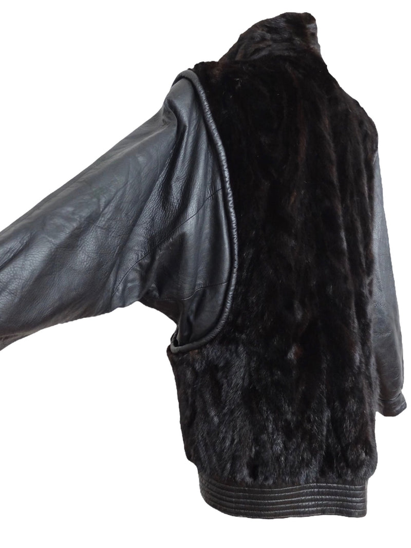 Vintage 60s Mod Moto Glam Rock Leather & Fur Waistcoat Black & Brown High Neck Jacket | Women’s Size L