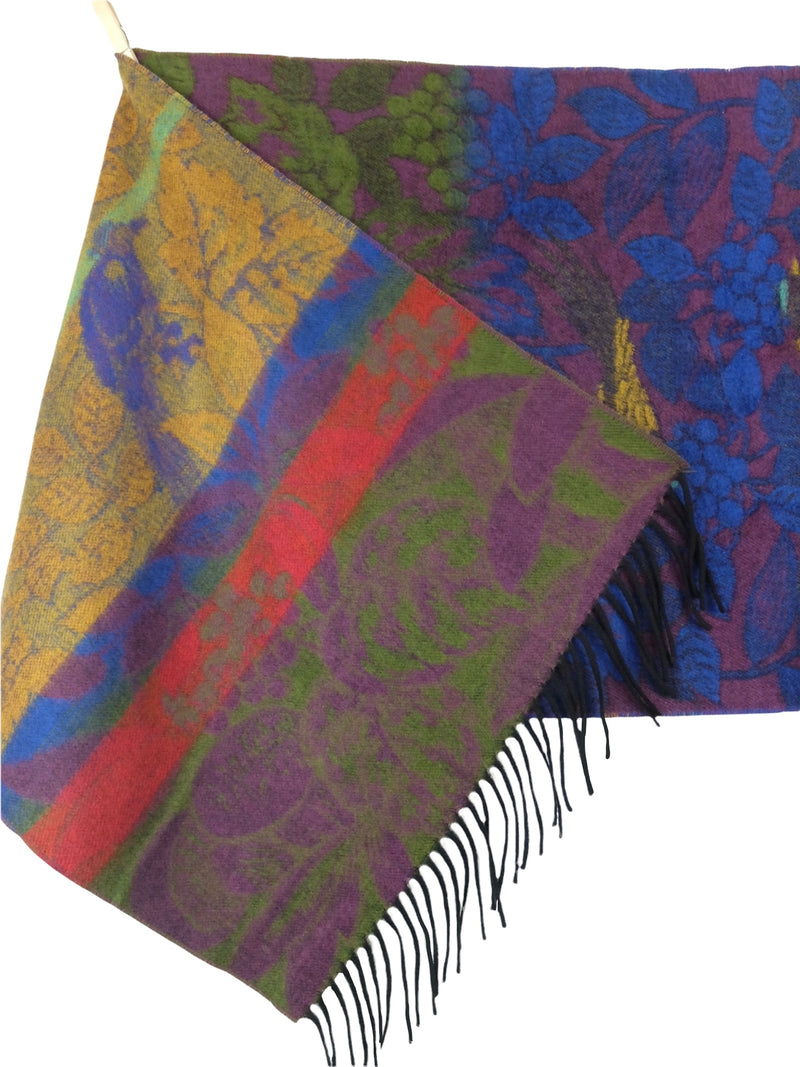 Vintage 80s Bohemian Abstract Floral & Bird Nature Patterned Long Wide Wrap Winter Scarf with Fringe
