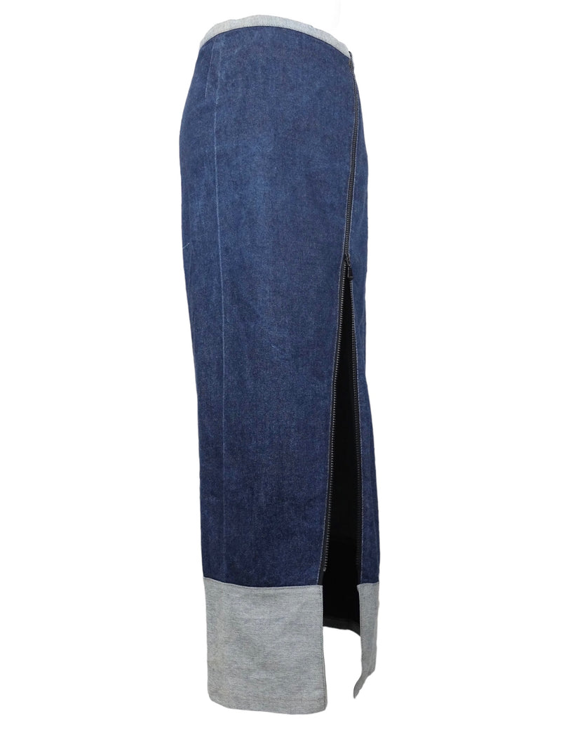 Vintage 2000s Y2K Subversive Soft Grunge Bohemian Asymmetrical Dark Wash Blue Denim Jean Floor Length Zippered Maxi Skirt | 29 Inch Waist
