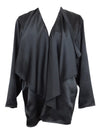 Vintage 80s Party Formal Silky Satin Black Solid Basic Flowy Ruffled Long Sleeve V-Neck Blouse | Size XL