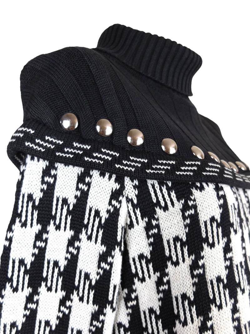 Vintage 90s Houndstooth Check Print Black & White Knit Turtleneck Roll Neck Pullover Studded Jumper with Attached Capelet Detail | Size S Petite