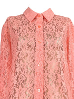 Vintage 2000s Y2K Coral Orange Sheer Lace Collared Long Sleeve Button Up Blouse | Size XL