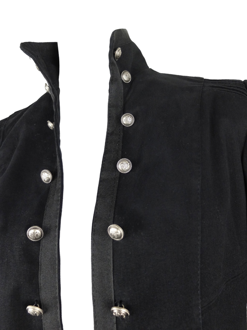 Vintage 2000s Y2K Gothic Grunge Victorian Style Black High Neck Open Fitted Blazer Jacket with Button Details | Size L-XL