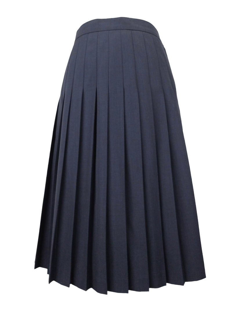 Vintage 90s Wool Blend Mod Navy Blue Solid Basic Preppy High Waisted Pleated A-Line Midi Skirt | 31 Inch Waist