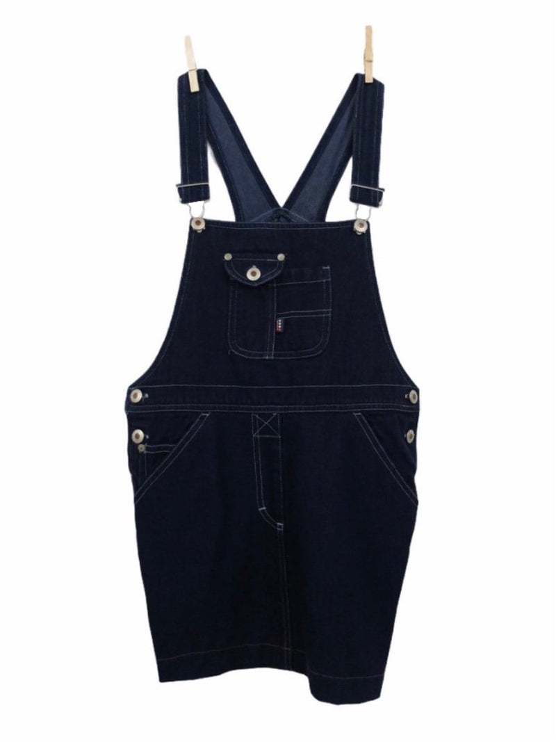 Vintage 90s Y2K Bohemian Utilitarian Blue Dark Wash Denim Jean Overall Dungaree Above-the-Knee Mini Dress