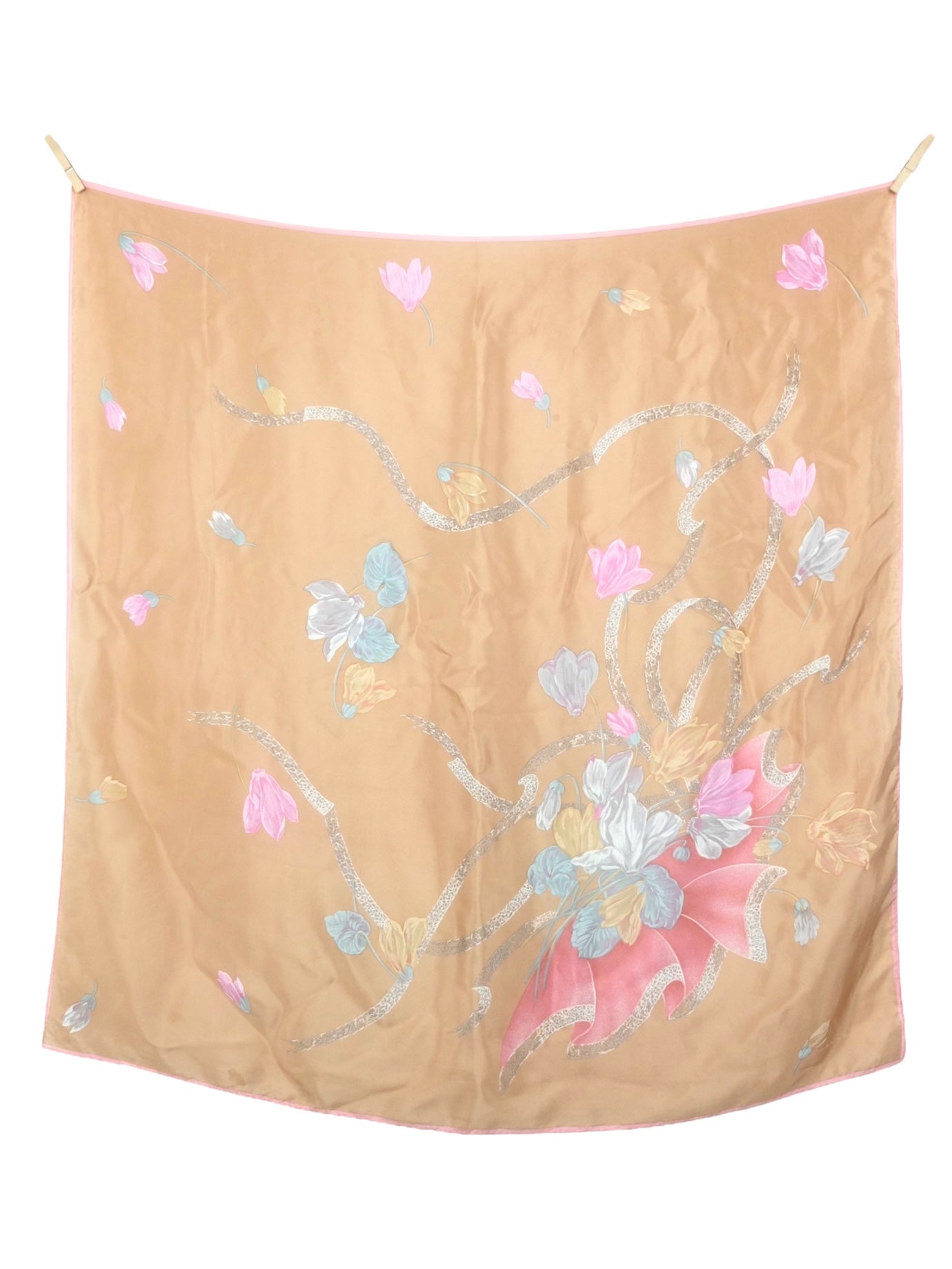 Vintage 80s Oscar de la Renta Silk Beige Handpainted Floral Large Square Bandana Neck Tie Scarf