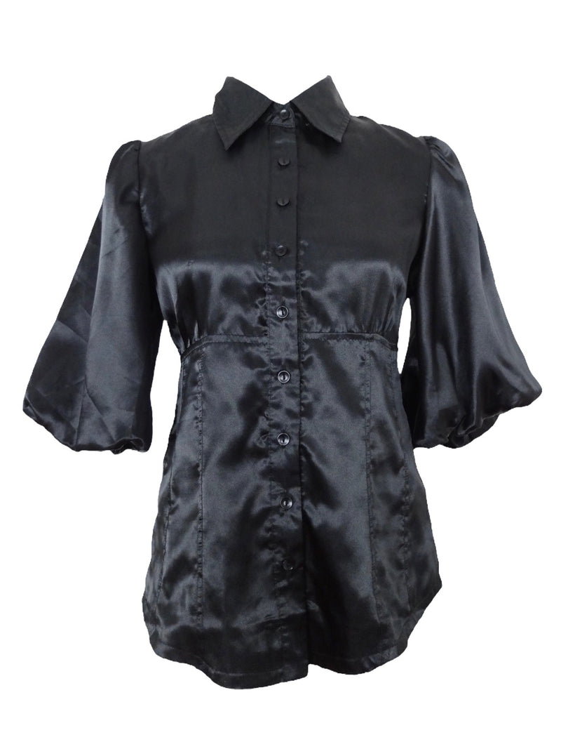 Vintage 90s Silky Black Preppy Formal Party Going-Out Avant-Garde Half Puff Sleeve Collared Button Up Blouse | Size S
