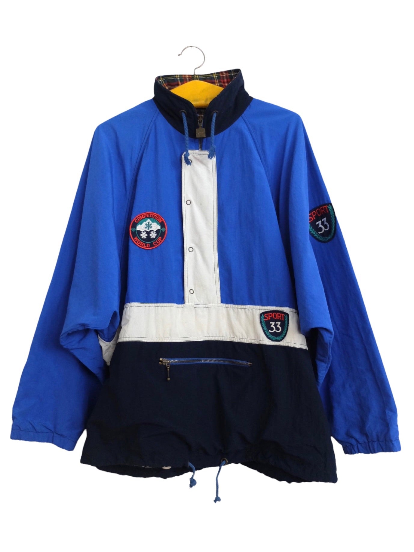 Vintage 80s Sports Athletic Streetwear World Cup 1/2 Snap & Zip Blue Windbreaker Jacket with Tartan Plaid Check Print Lining & Patches | Men’s Size M | Women’s Size L-XL