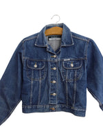Vintage 80s Utilitarian Western Bohemian Dark Wash Collared Button Down Denim Jean Jacket | Women’s Size S