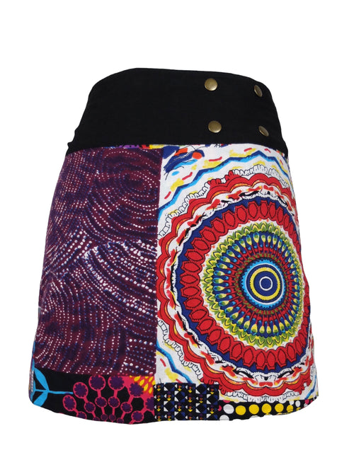 Vintage 2000s Y2K Reversible Psychedelic Festival Style Bright Funky Abstract Patterned Wrap Adjustable A-Line Mini Skirt with Snap Closures | 29 Inch Waist