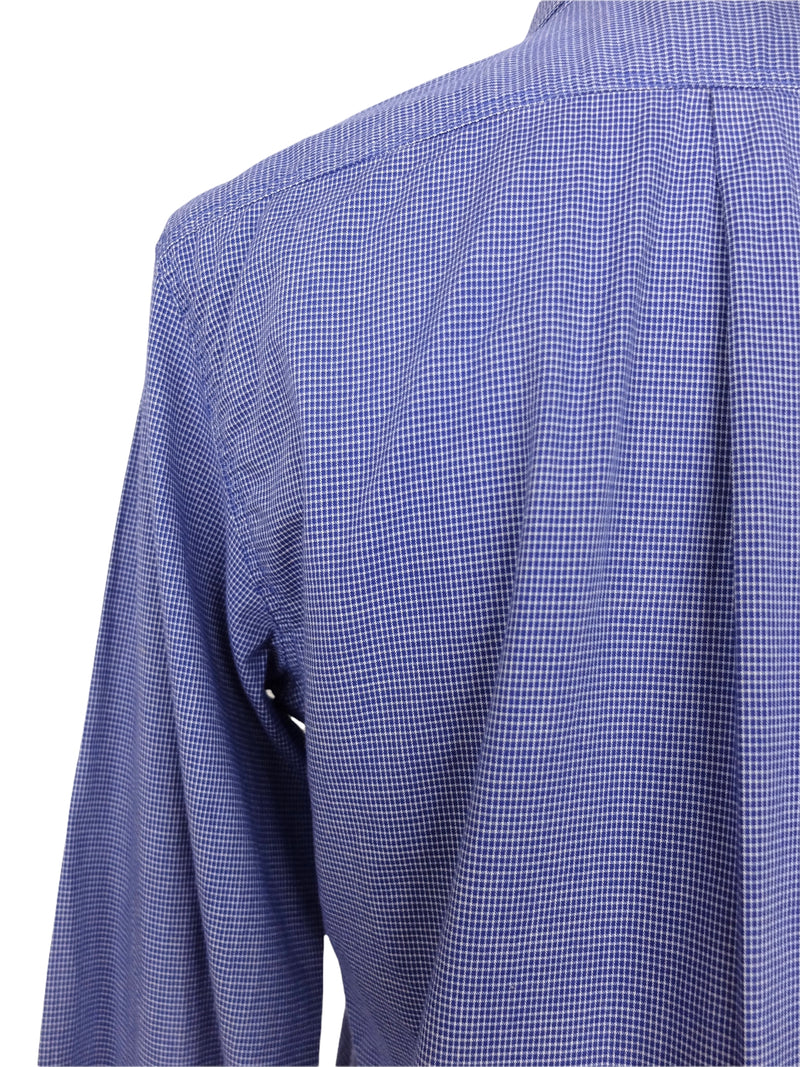 Vintage 80s Mod Blue Gingham Check Print Collared Long Sleeve Fitted Button Up Cotton Dress Shirt with Oversized Cuffs | Size S-M