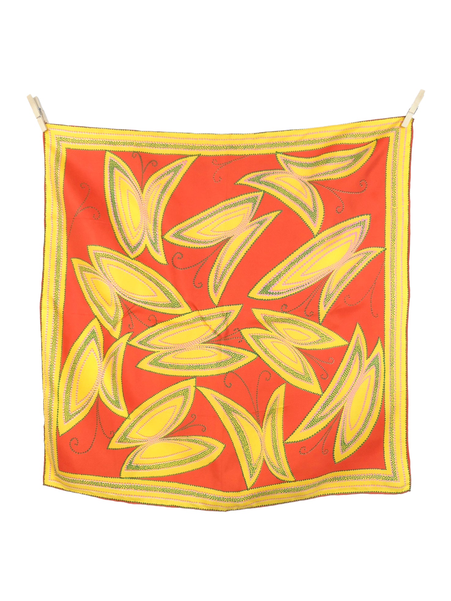 Vintage 80s Bohemian Funky Bright Orange & Yellow Abstract Patterned Square Bandana Neck Tie Scarf