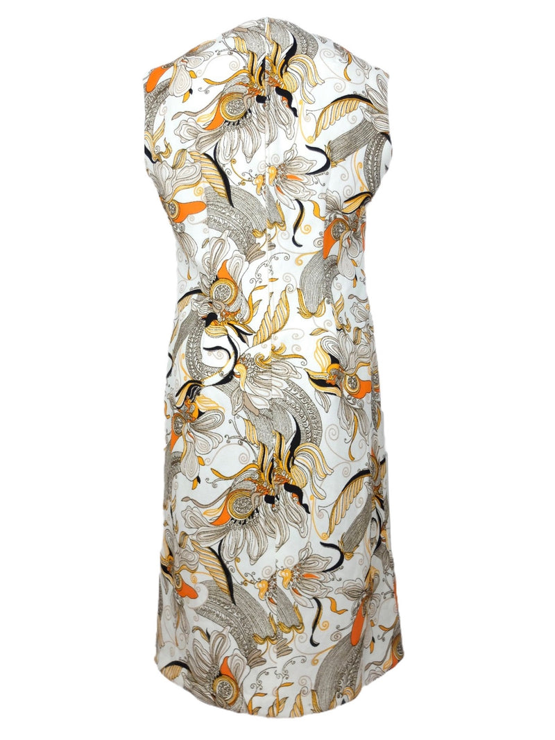 Vintage 60s Mod Psychedelic Hippie Abstract Patterned White Brown & Orange High Neck Sleeveless Tank Midi Shift Dress | Size L
